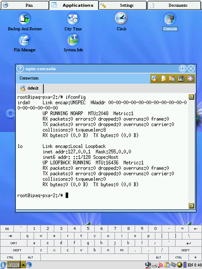 Консоль. ifconfig показывает интерфейсы.