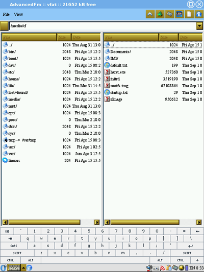Файловый манагер. Правая панель показывает содержимое карточки CF с которой этот линух и запущен.
